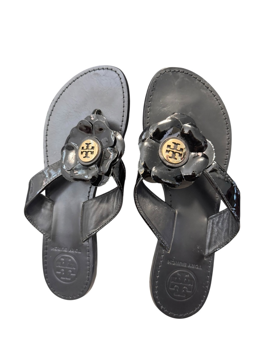 Tory Burch Black Patent Leather Flower Logo Thong Sandals Size 6.5 Vacation